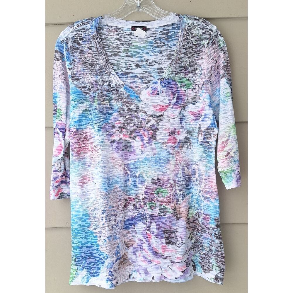 Y2K Cocomo Burnout Thin Burnt Cotton blend Floral 3/4 sleeves Top T shirt size L